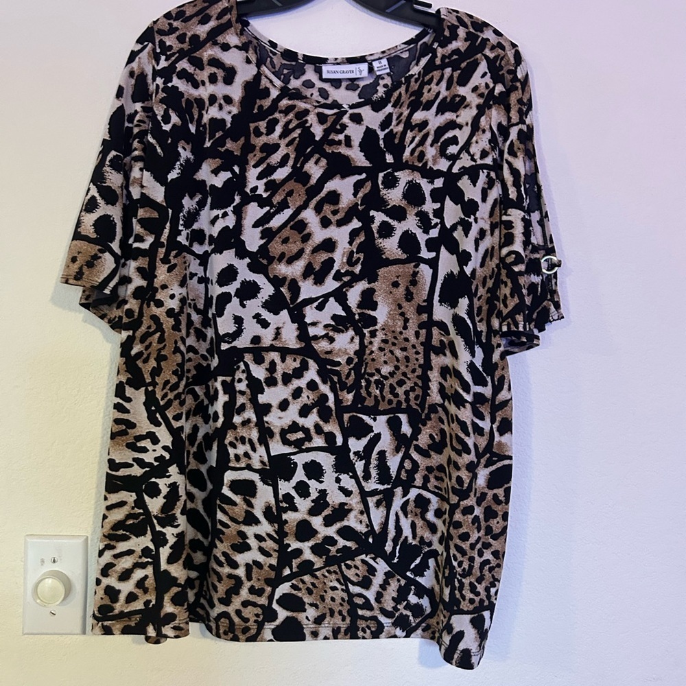 Susan Graver Patchwork Animal Print Liquid Knit Top Arm Slip Detail gold